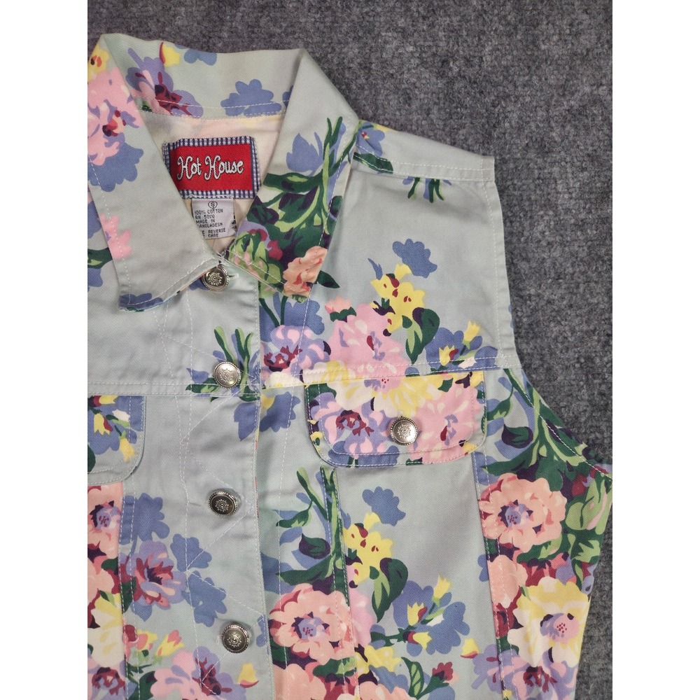 Vintage Hot House Floral Denim Vest Womens Small Green Pink 90s Cropped Cotton - Picture 2 of 8